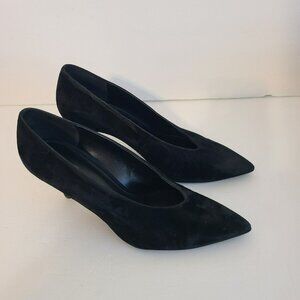 MICHAEL Michael Kors Black Suede Pointy Toe Slip Pumps Gold Heel Logo Size 8.5